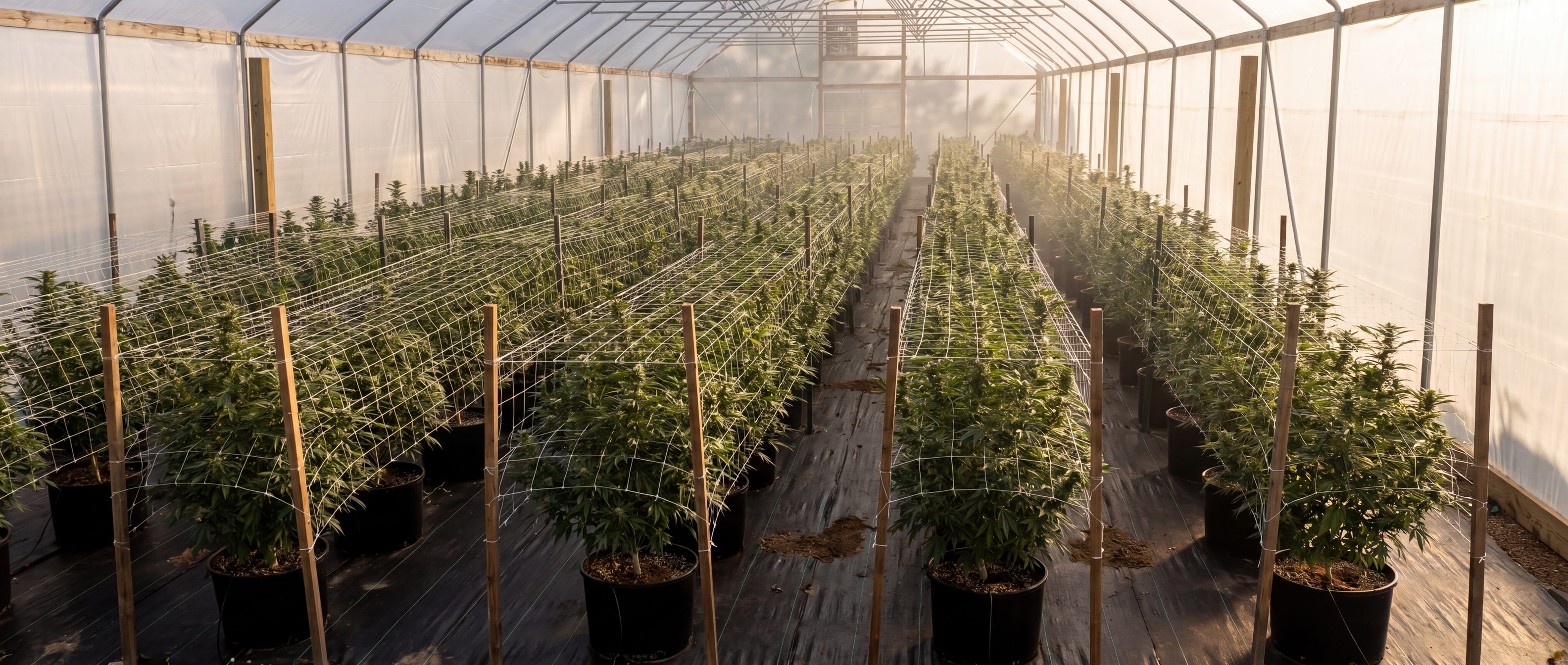 Highway Dispos cultivation room interior at golden hour, mature cannabis plants under a cedar-rafter roof in Standish, Michigan.